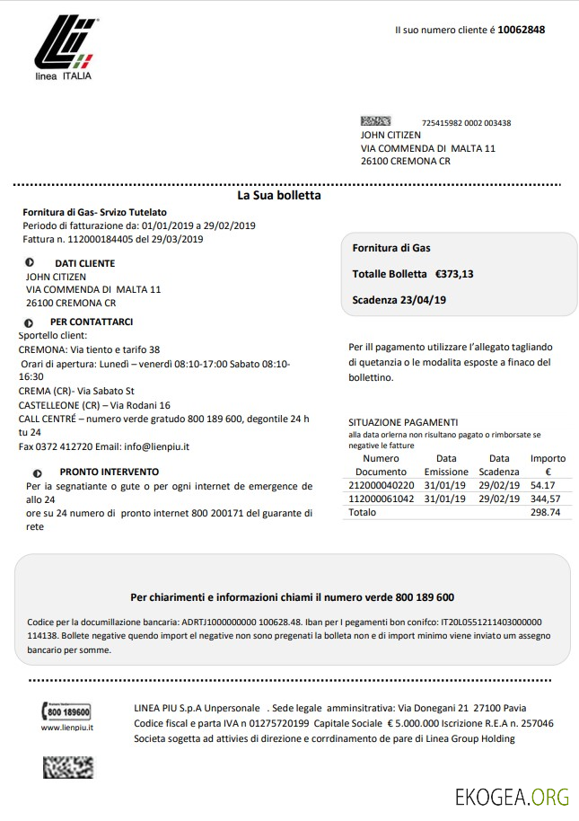 Italy Linea Italia utility bill template in Word and PDF format
